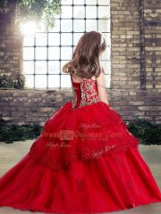 Red Sleeveless Floor Length Lace and Appliques Lace Up Little Girls Pageant Dress Wholesale