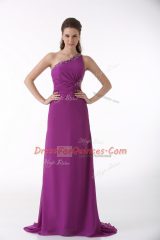 Perfect Beading and Ruching Prom Dresses Fuchsia Backless Sleeveless Brush Train