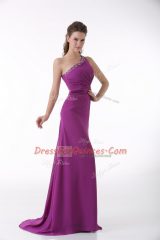 Perfect Beading and Ruching Prom Dresses Fuchsia Backless Sleeveless Brush Train