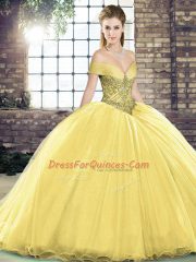 Gold Ball Gowns Beading Quinceanera Gowns Lace Up Organza Sleeveless