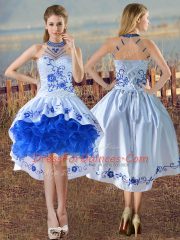 Pretty Halter Top Sleeveless Satin and Organza Prom Dress Embroidery and Ruffles Lace Up