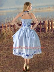 Pretty Halter Top Sleeveless Satin and Organza Prom Dress Embroidery and Ruffles Lace Up