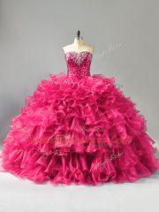 Modest Hot Pink Ball Gowns Beading and Ruffles 15 Quinceanera Dress Lace Up Organza Sleeveless Floor Length