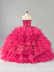 Modest Hot Pink Ball Gowns Beading and Ruffles 15 Quinceanera Dress Lace Up Organza Sleeveless Floor Length