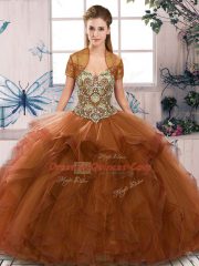 Brown Tulle Lace Up Quinceanera Dresses Sleeveless Floor Length Beading and Ruffles