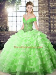 Off The Shoulder Sleeveless Quinceanera Gowns Brush Train Beading and Ruffled Layers Organza