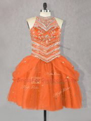 Elegant Mini Length Orange Red Prom Gown Halter Top Sleeveless Lace Up