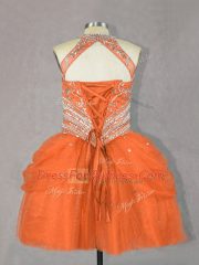 Elegant Mini Length Orange Red Prom Gown Halter Top Sleeveless Lace Up