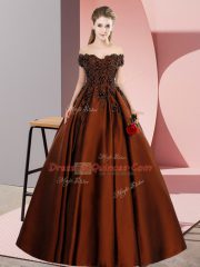 Fashion Sleeveless Satin Floor Length Zipper Sweet 16 Dresses in Brown with Lace and Appliques