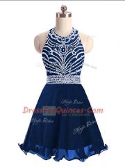Most Popular A-line Dress for Prom Navy Blue Halter Top Chiffon Sleeveless Mini Length Lace Up