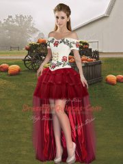 Wine Red Off The Shoulder Neckline Embroidery and Ruffled Layers Homecoming Dress Sleeveless Lace Up