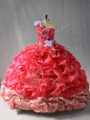 Great Coral Red Ball Gowns Organza One Shoulder Sleeveless Pick Ups and Hand Made Flower Floor Length Lace Up 15th Birthday Dress