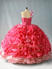 Great Coral Red Ball Gowns Organza One Shoulder Sleeveless Pick Ups and Hand Made Flower Floor Length Lace Up 15th Birthday Dress