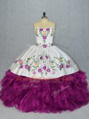 Deluxe Fuchsia Sleeveless Embroidery and Ruffles Floor Length Sweet 16 Dresses