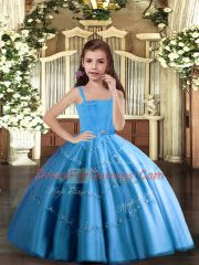 Baby Blue Ball Gowns Straps Sleeveless Tulle Floor Length Lace Up Beading Little Girl Pageant Dress