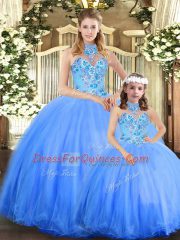 Blue Tulle Lace Up Vestidos de Quinceanera Sleeveless Floor Length Embroidery