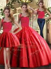 Extravagant Red Three Pieces Appliques Quinceanera Gowns Lace Up Tulle Sleeveless Floor Length