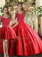 Extravagant Red Three Pieces Appliques Quinceanera Gowns Lace Up Tulle Sleeveless Floor Length