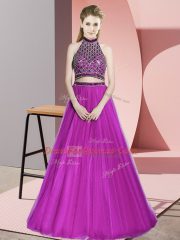 New Arrival Fuchsia Beading Dress for Prom Tulle Sleeveless Floor Length