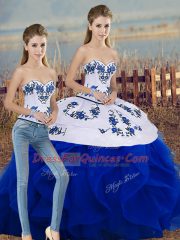 New Arrival Royal Blue Lace Up Sweetheart Embroidery and Ruffles and Bowknot Quinceanera Gown Tulle Sleeveless