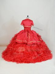 Comfortable Red Sweetheart Neckline Embroidery and Ruffles Quinceanera Gowns Sleeveless Lace Up