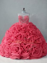 Coral Red Ball Gowns Sweetheart Sleeveless Fabric With Rolling Flowers Brush Train Lace Up Beading Vestidos de Quinceanera