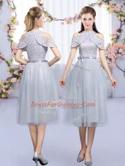 Grey Quinceanera Court of Honor Dress Wedding Party with Lace and Belt High-neck Sleeveless Zipper