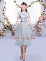 Grey Quinceanera Court of Honor Dress Wedding Party with Lace and Belt High-neck Sleeveless Zipper