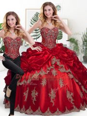 Sweetheart Sleeveless Sweet 16 Dress Floor Length Beading and Appliques and Pick Ups Wine Red Organza