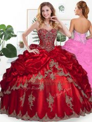 Sweetheart Sleeveless Sweet 16 Dress Floor Length Beading and Appliques and Pick Ups Wine Red Organza