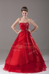 High Class Sleeveless Organza Floor Length Lace Up 15th Birthday Dress in Wine Red with Beading