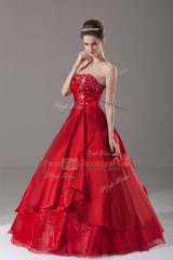 High Class Sleeveless Organza Floor Length Lace Up 15th Birthday Dress in Wine Red with Beading