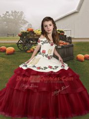 Straps Sleeveless Lace Up Little Girl Pageant Dress Wine Red Tulle