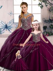 Unique Purple Ball Gowns Beading Sweet 16 Quinceanera Dress Tulle Cap Sleeves