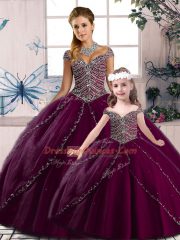 Unique Purple Ball Gowns Beading Sweet 16 Quinceanera Dress Tulle Cap Sleeves