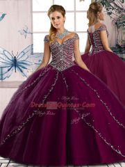 Unique Purple Ball Gowns Beading Sweet 16 Quinceanera Dress Tulle Cap Sleeves