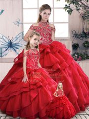 Hot Selling Red Lace Up High-neck Beading and Ruffles 15th Birthday Dress Organza Sleeveless