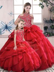 Hot Selling Red Lace Up High-neck Beading and Ruffles 15th Birthday Dress Organza Sleeveless