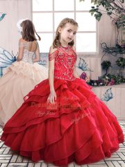 Hot Selling Red Lace Up High-neck Beading and Ruffles 15th Birthday Dress Organza Sleeveless