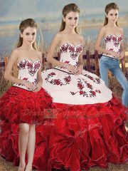 Admirable White And Red Sweetheart Neckline Embroidery and Ruffles and Bowknot Quince Ball Gowns Sleeveless Lace Up