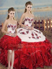 Admirable White And Red Sweetheart Neckline Embroidery and Ruffles and Bowknot Quince Ball Gowns Sleeveless Lace Up