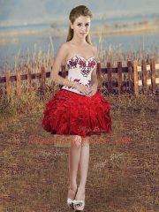Admirable White And Red Sweetheart Neckline Embroidery and Ruffles and Bowknot Quince Ball Gowns Sleeveless Lace Up