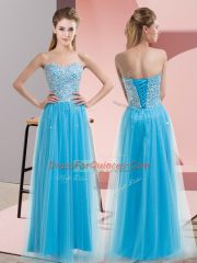 Aqua Blue Prom Party Dress Prom and Party with Beading Sweetheart Sleeveless Lace Up