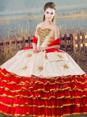 Exquisite Sleeveless Floor Length Beading and Ruffled Layers Lace Up Quinceanera Gown with White And Red