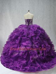 Organza Sleeveless Sweet 16 Dresses Brush Train and Beading and Ruffles