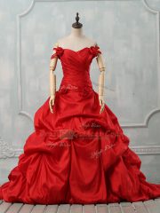 Pretty Red Sleeveless Taffeta Court Train Lace Up Quinceanera Gowns for Sweet 16 and Quinceanera