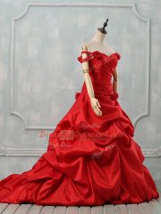 Pretty Red Sleeveless Taffeta Court Train Lace Up Quinceanera Gowns for Sweet 16 and Quinceanera
