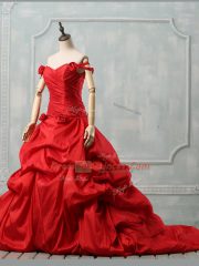 Pretty Red Sleeveless Taffeta Court Train Lace Up Quinceanera Gowns for Sweet 16 and Quinceanera