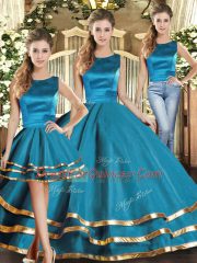 Floor Length Teal Quince Ball Gowns Scoop Sleeveless Lace Up