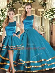 Floor Length Teal Quince Ball Gowns Scoop Sleeveless Lace Up